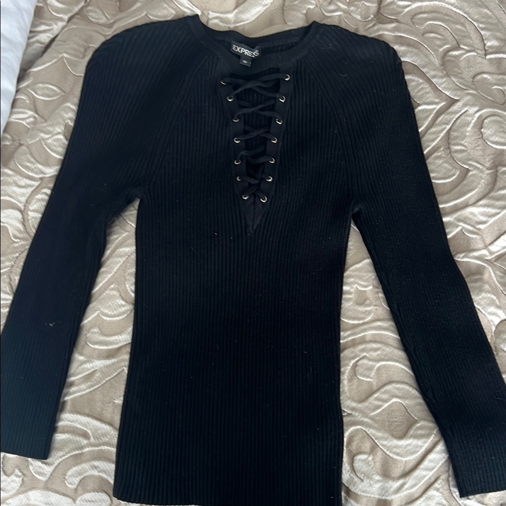 Express Black Lace-Up Ribbed Sweater